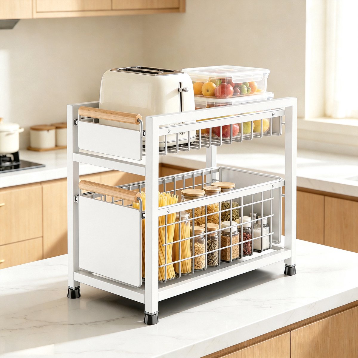 PIPIPOXER Gootsteenkast Organizer - Keukenkast organizer - Gootsteenrek –Dubbel Uitschuifbaar-Opbergrek –Opberglades - Schuiflades - Kast Organizer–Metaal – Antislip - Lade - Wit
