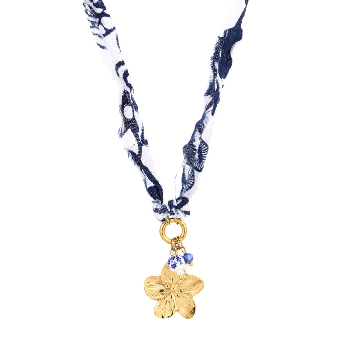 Gevlochten Stoffen Ketting met Bloembedel – Bedel Ketting Strand - Beach – RVS - Blauw
