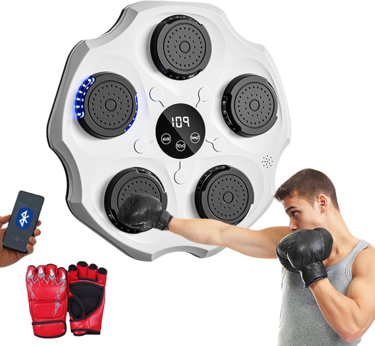 Muziek Boksmachine - Bokstrainer Wandmontage - Interactieve Training - LED Verlichting op Ritme - 43x43x5 cm - Zwart