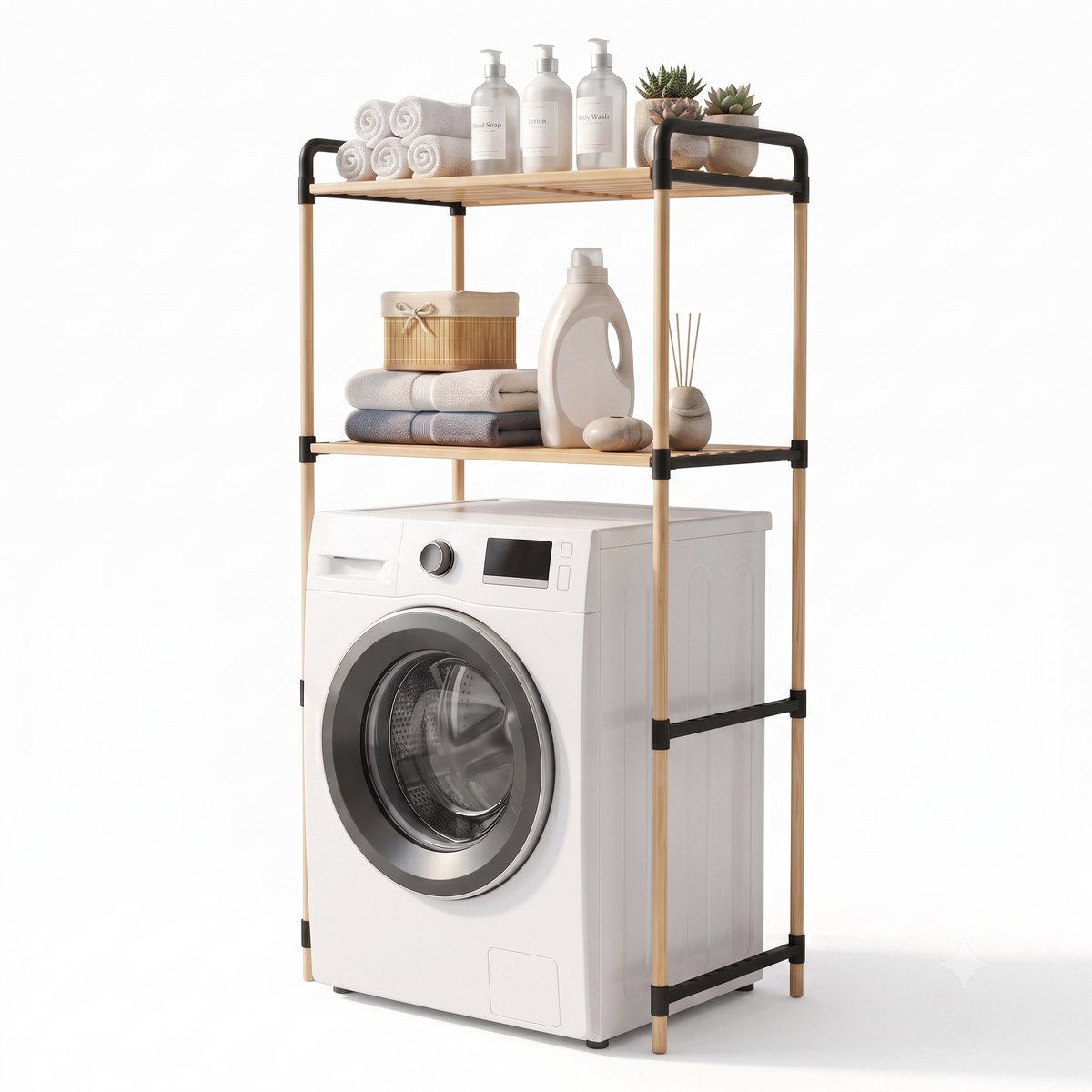 INDECOR Wasmachine Organizer Rek - Wasmachine Opbergrek met 2 Planken - Badkamer Opbergrek - Bovenbouwrek voor Wasmachine - Houten Opbergrek - 65 x 35 x 100 cm - Naturel/Zwart