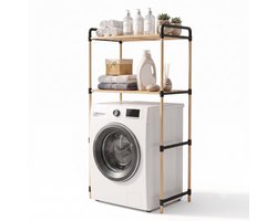 INDECOR Wasmachine Organizer Rek - Wasmachine Opbergrek met 2 Planken - Badkamer Opbergrek - Bovenbouwrek voor Wasmachine - Houten Opbergrek - 65 x 35 x 100 cm - Naturel/Zwart