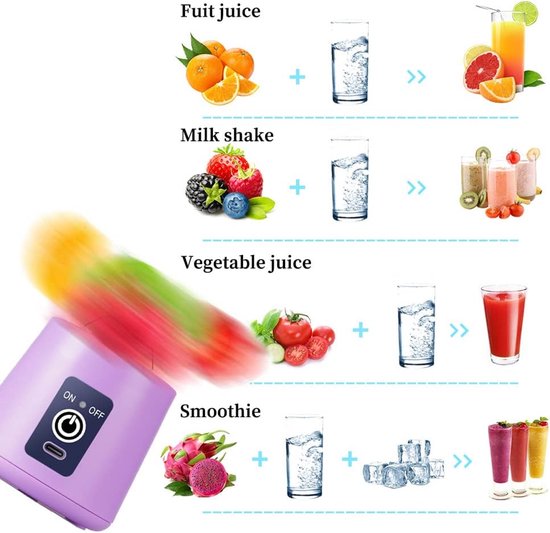 Draagbare Blender - USB Juicer Mini Mixer - Smoothies Maken - Zes Roestvrijstalen Messen - 380 ml - Paars — afbeelding 4