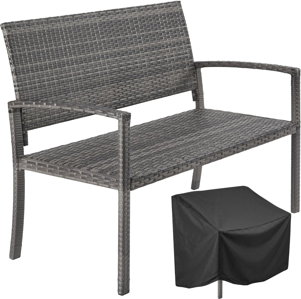 tectake® Wicker Tuinbank - 2 Personen - 125 x 62,5 x 90 cm - Draagkracht 250 kg - Inclusief Hoes - Weerbestendig en Waterdicht - 2 Zits Bank voor Tuin, Balkon en Terras - Grijs