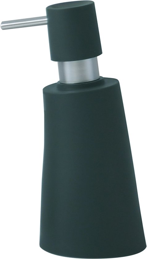 Donkergroene zeepdispenser met zilverkleurige pomp en tuit. De dispenser heeft een conische vorm en een matte afwerking.