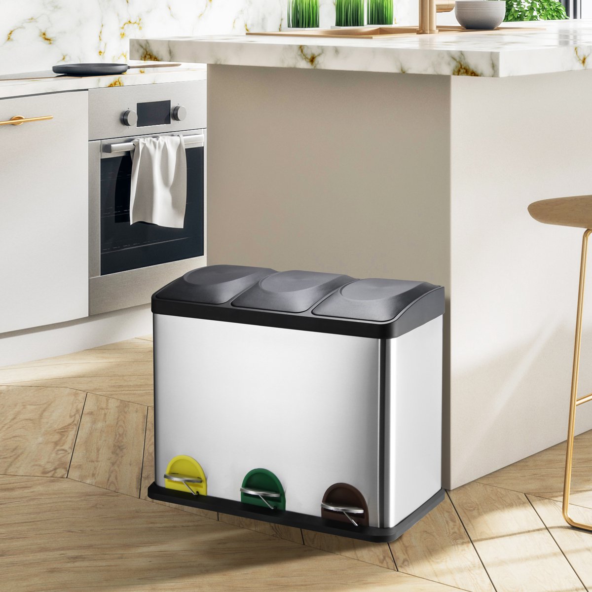 MSV Afvalscheidingssysteem met 3 Compartimenten – Afvalemmer 3x 20 Liter – Prullenbak voor Sorteren in Keuken of Kantoor