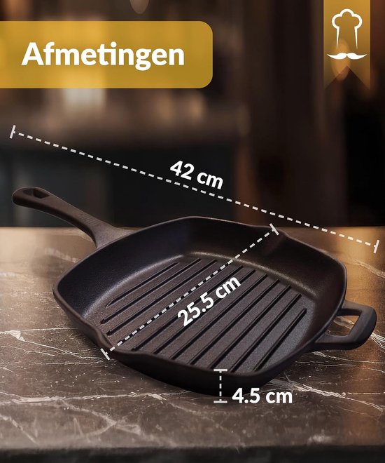Gietijzeren Grillpan - Koekenpan Emaille - Vlees Vis Grillen - Alle Kookplaten Oven - 255 cm - Zwart — afbeelding 2