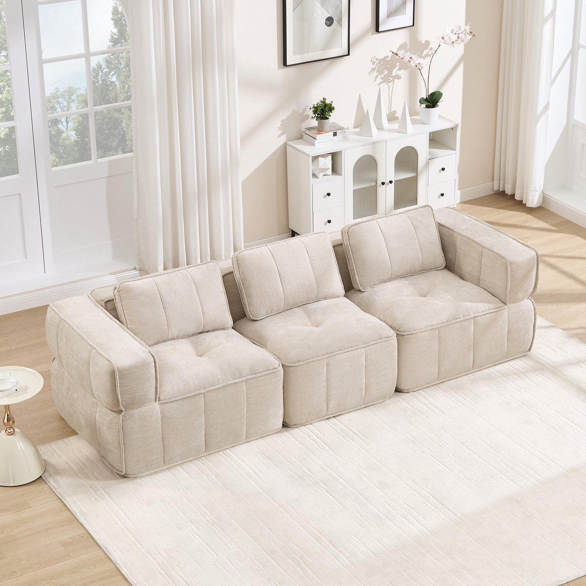 Modulaire 3-Zitsbank, Ontwerp Zonder Steunpoten, 32D Schuim Met Hoge Dichtheid, Comfortabele Stof, Geschikt Voor De Woonkamer, Antislip Ontwerp, Geen Montage Nodig-Beige