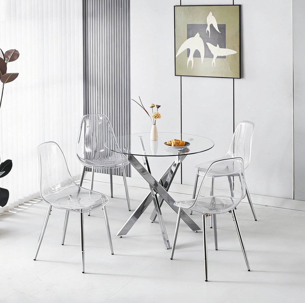 REDOM- Set tafel en stoelen - 1 tafel en 4 stoelen - Glazen tafelblad - Chrome frame - Moderne stijl - Eettafel - Metaal - Chrome - 80 x 75 x 80 cm