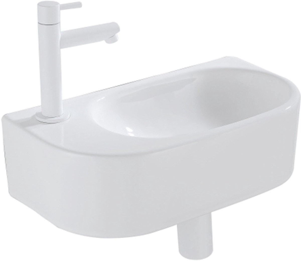 QeramiQ Fuente Fonteinset - 40x21.5x12cm - links - glad - halfrond - 1 kraangat - keramiek - fonteinkraan wit mat - afvoerplug - verlaagd sifon - wit glans