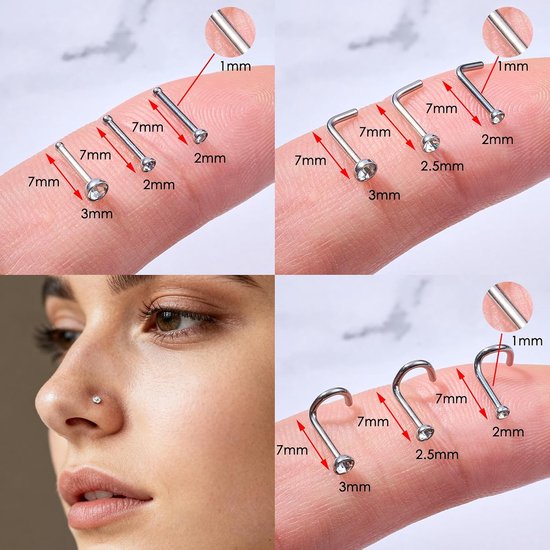Neuspiercing, set van 22 stuks, 18G roestvrij staal, met neusring en neusstekers, septumpiercing, sieraden, lippiercing, goud- en zilver, voor neus, septum, lip, helix, tragus, daith — afbeelding 4