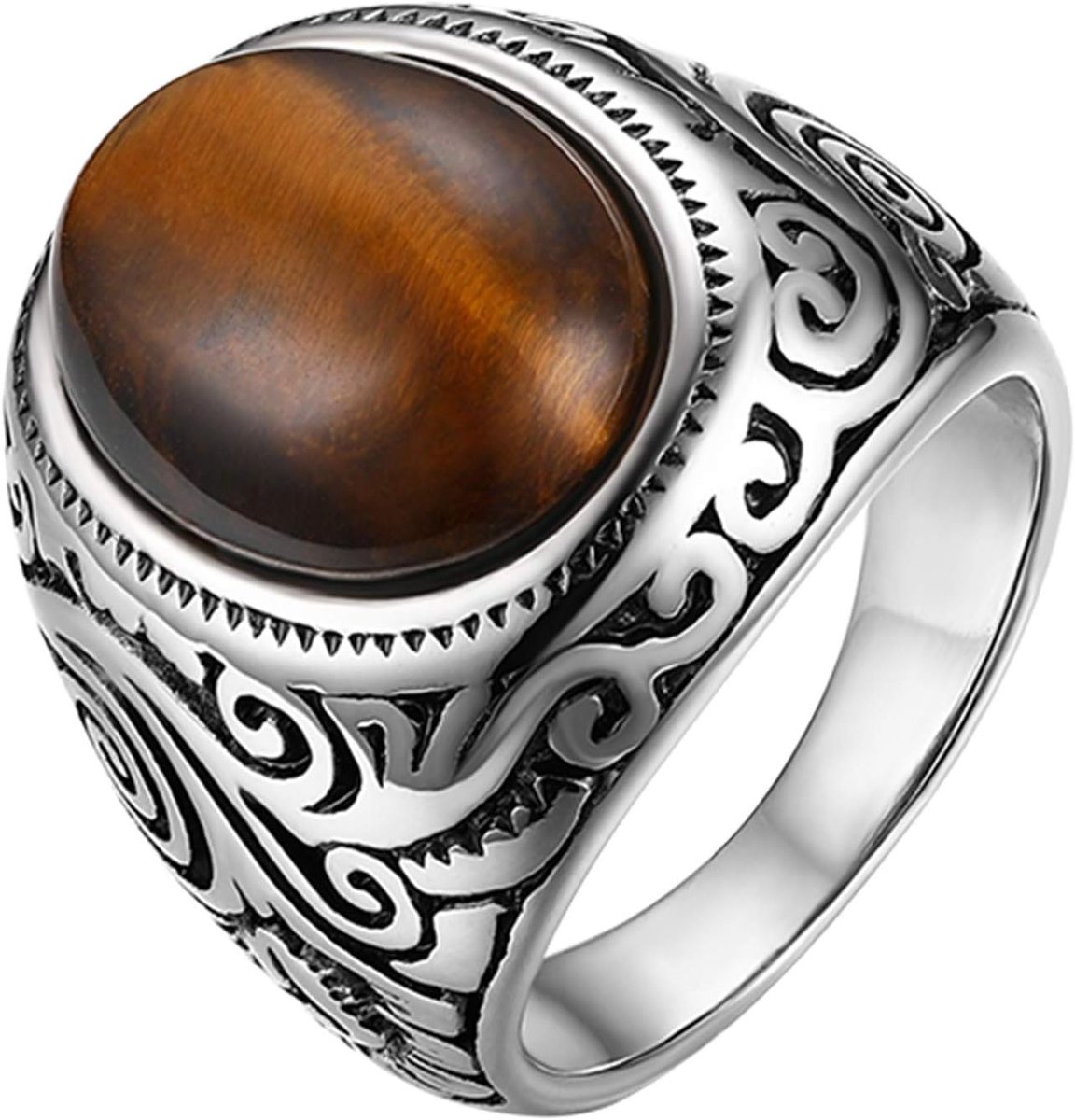 Herenring van roestvrij staal en tijgerogen kleur zilver geschenk