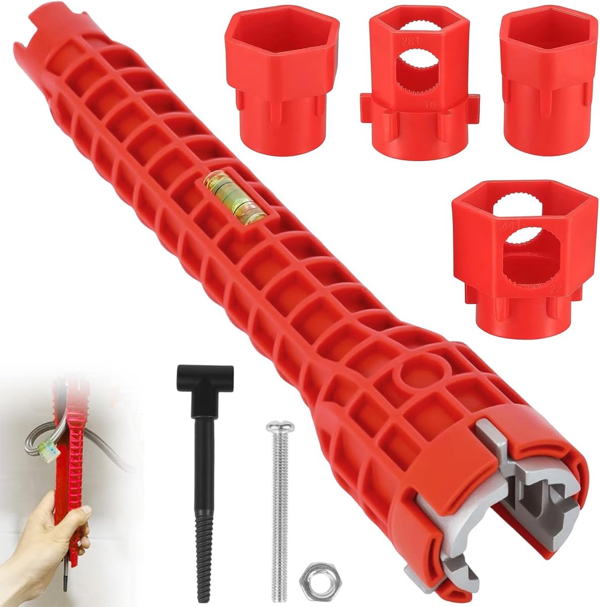14-in-1 kraansleutel met 4 dopsleutels, installatiegereedschap voor smalle ruimtes, gootsteenslang, multifunctioneel sanitair gereedschap voor toilet, wastafel, keuken, badkamer (rood)