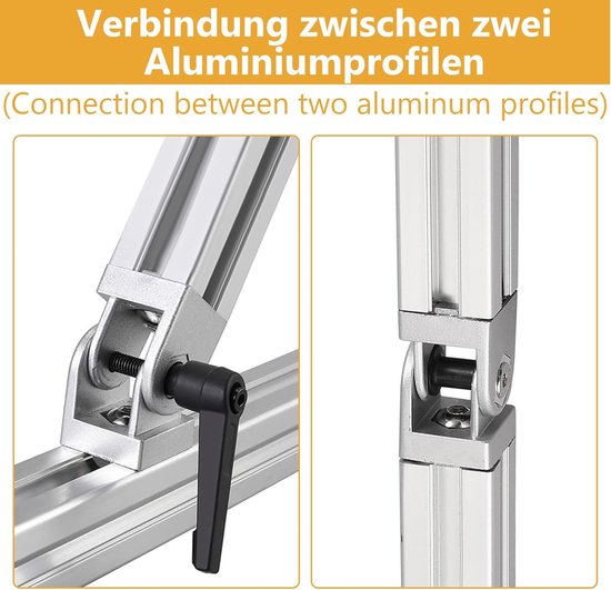 4 stuks aluminium profielen, 40 x 40 connectoren, scharnierende aluminium profiel met klemhendel, connector instelbaar scharnier 180° draaibereik, montageaccessoires voor aluminium profiel — afbeelding 4