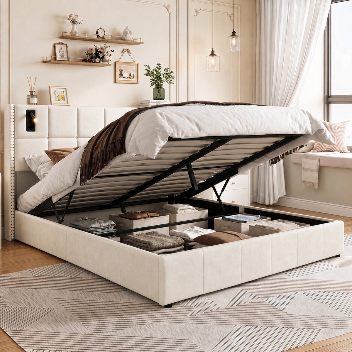 Opbergbed 140x190 cm met leeslampje, Tweepersoonsbed gestoffeerd met opbergruimte in de bodem, hydraulische opbergfunctie, bedden en bedframes voor volwassenen en tieners, lattenbodem, fluweel Beige