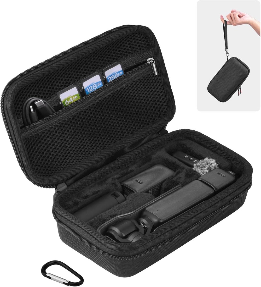 Draagtas geschikt geschikt voor de Osmo Pocket 3, een stevige beschermhoes geschikt geschikt voor accessoires van de DJI Osmo Pocket 3 Creator Combo camera, inclusief polsbandje en karabijnhaak (zwart).
