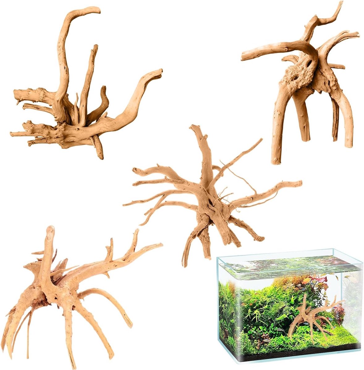 Hout, decoratief aquarium, 4 stuks, hout, aquariumwortel, echt hout, 15-20 cm, klein natuurlijk drijfhout voor aquaria, drijfhout voor reptielenbekken, reptielenbekken, houten decoratie