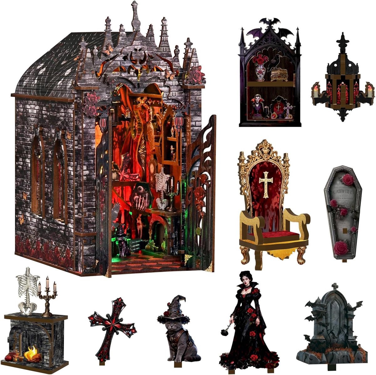 DIY leeshoekset - Donker Aastle houten boekensteun en 3D-puzzel met LED-verlichting, knutselset voor volwassenen, leeshoekset