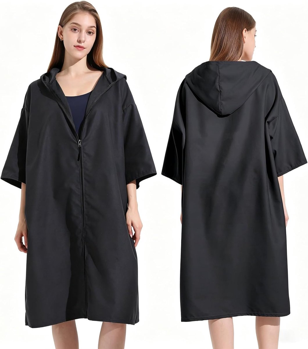 Poncho Handdoek Volwassenen met Ritssluiting, Microvezel Omkleedponcho Sneldrogend Lichtgewicht Surfponcho voor Zwemmen Surfen Duiken Strand, Badponcho voor Dames en Heren 110x78cm (Zwart)