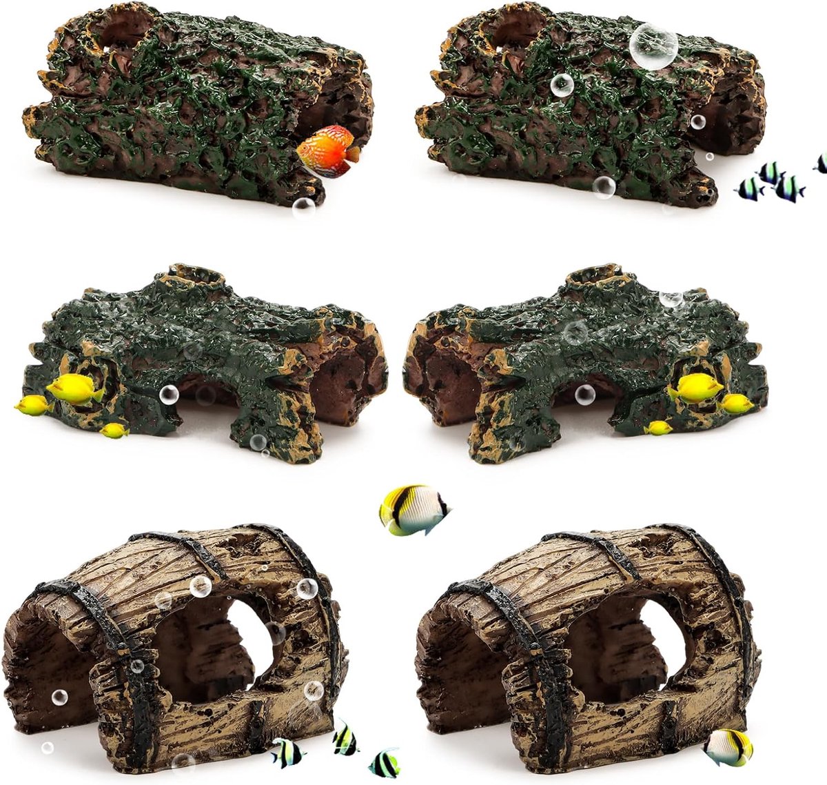 6 stuks hars aquariumdecoratie grot garnalen aquarium decoratie grot welsholt decoratie boomstam hars kameraquarium ornament deco holle stam, verstopplaats voor reptielen of betta vis