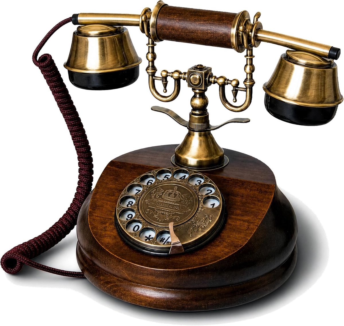 1921 CABLE - MODEL A – klassieke telefoon/retro telefoon met hout en metalen behuizing, functionele draaischijf en klassieke metalen bel