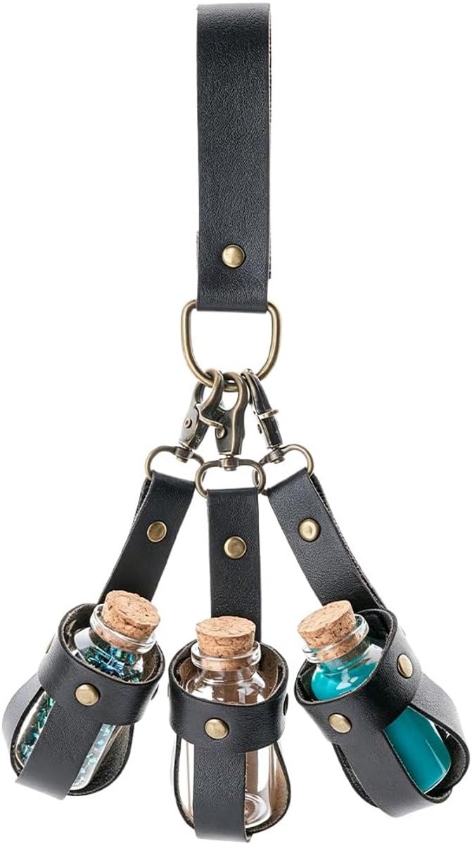 Middeleeuwse drankfles van glas met kurkstop, houder van PU-leer, tas riem, middeleeuwse tas, retro, riem met 3 flessen, accessoires voor kostuum cosplay, Zwart, 160x38x41mm