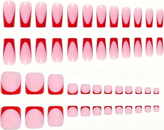 On Nails Set, 60 stuks nagels om op te plakken en tenen nagel tips voor dames, bruiden, beginners voor bruiloft, kantoor, party manicure, rood French (vierkant) — afbeelding 2