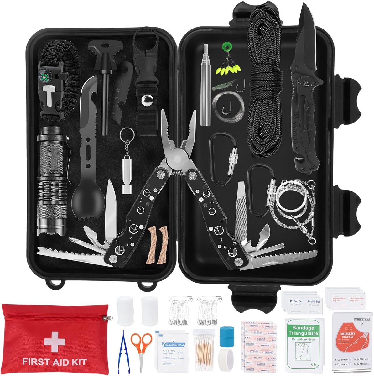 80-in-1 outdoor noodgevallen, survivalkit, multifunctionele survivaluitrusting met opvouwbaar multifunctioneel tang, tactische zaklamp, voor mannen, camping, avontuur, bergbeklimmen