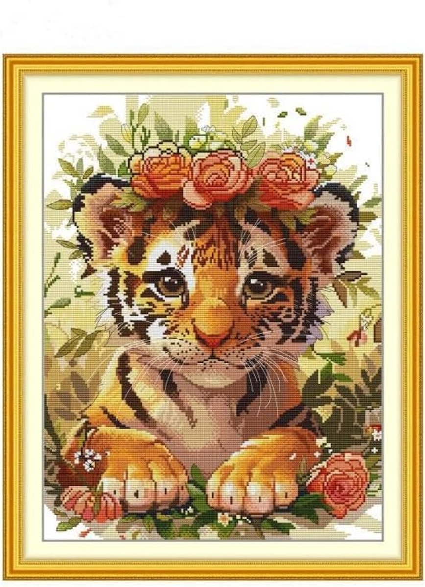 14ct gestempelde kruissteekpakketten voor volwassenen en beginners, dier tijgerwelp met bloem DIY voorbedrukte kruissteek borduurset met accessoires muurdecoratie 37x47cm (tijgerwelp)