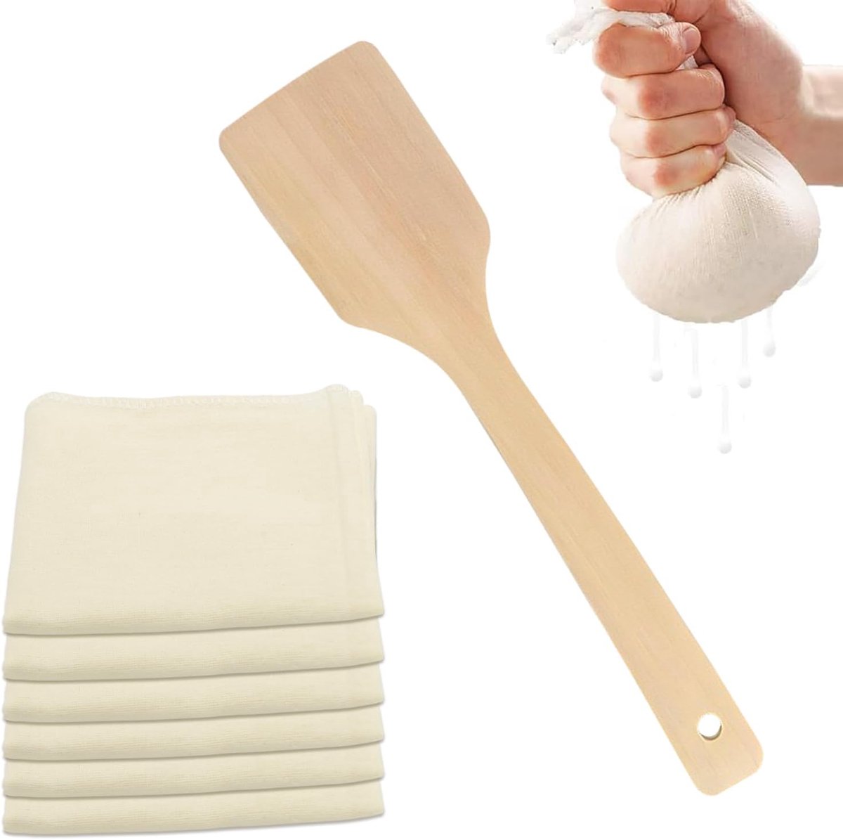6 stuks kaasdoeken om te persen, 50 x 50 cm mousselinedoeken om te koken, herbruikbaar, kaasdoek biologisch ongebleekt katoen met houten spatel voor koken, bakken en zeven