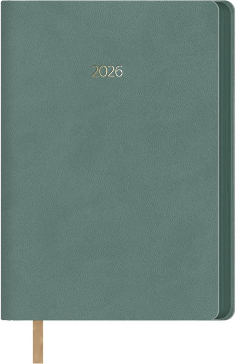 - Kalender 2026 - dagoverzicht, A5 (14 x 20 cm), flexibel deksel van kunstleer, gelakte randen, 12 maanden januari tot december, Spaanse jaarplanner met bladwijzer, Hanoi groen