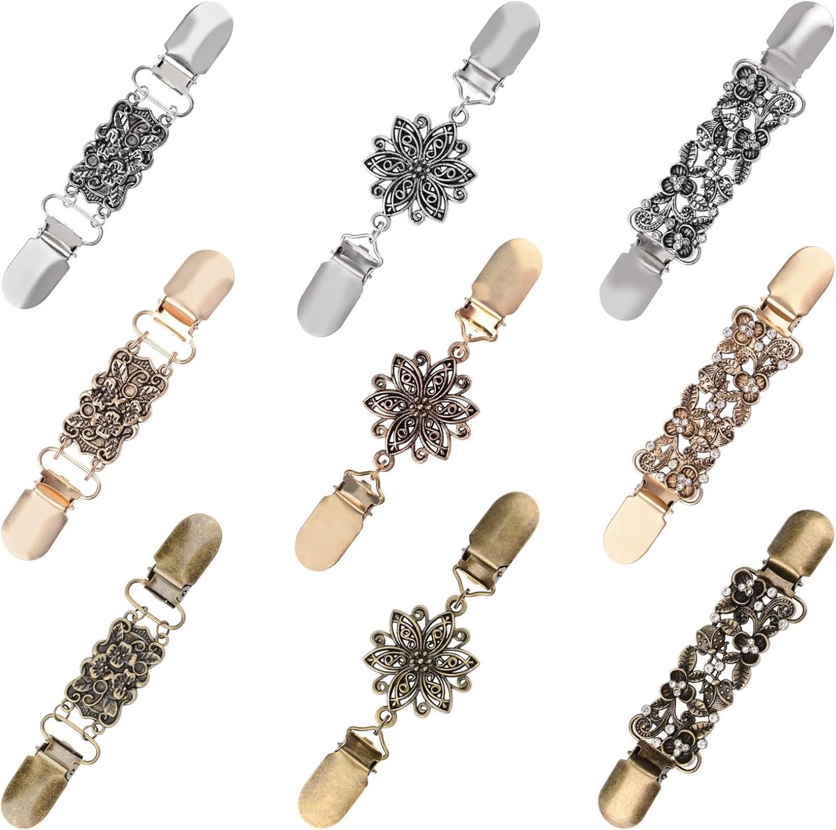 Cincher & Shirt Clip,8 STKS Retro Jurk Cinch Clips Cinch Clips voor Sjaal Vest Trui Kleding & Broek Tightener Clip 4 Stijlen (Goud, Zilver & Brons)