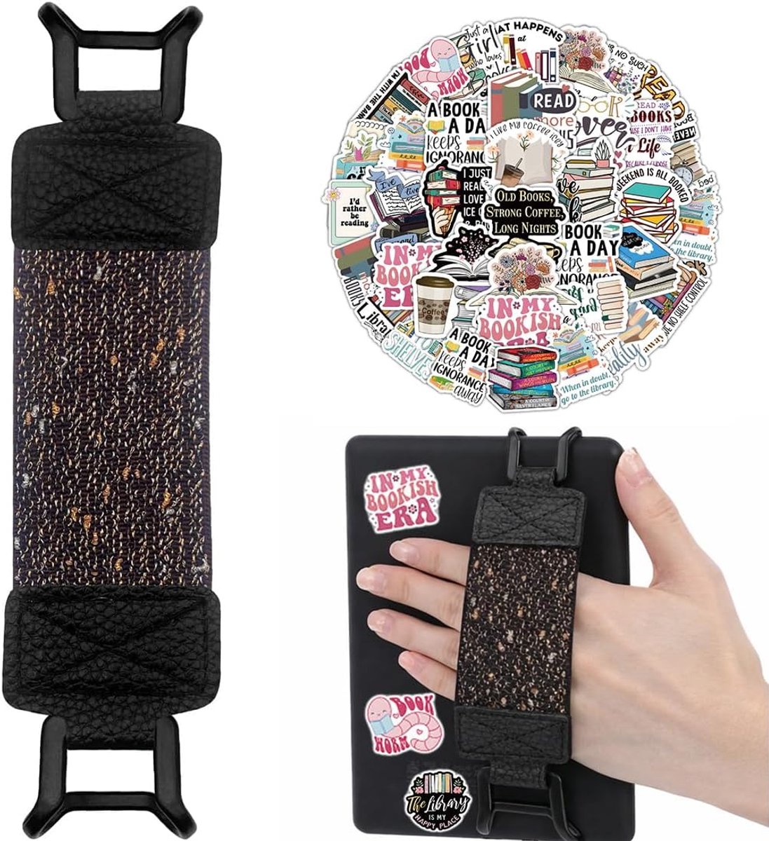 Polsband voor Kindle Paperwhite & Kobo, elastische band van zwart PU-leer met kant, geschikt voor e-book readers en tablets, 50 gratis vintage stickers, verlicht pijn aan de pols