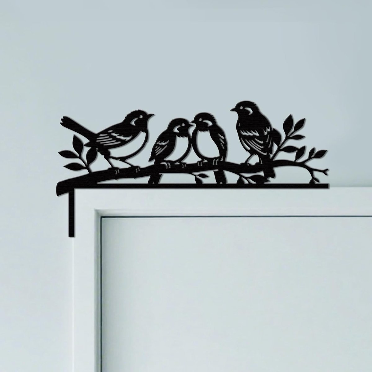 Bladeren en vogels, metalen deurkozijn, decoratie, 30 x 15 cm, zwart, wanddecoratie voor deur, creatieve deurkozijnkunst, originele deurhoekdecoratie, art deco voor kamerdeur, huisdeur