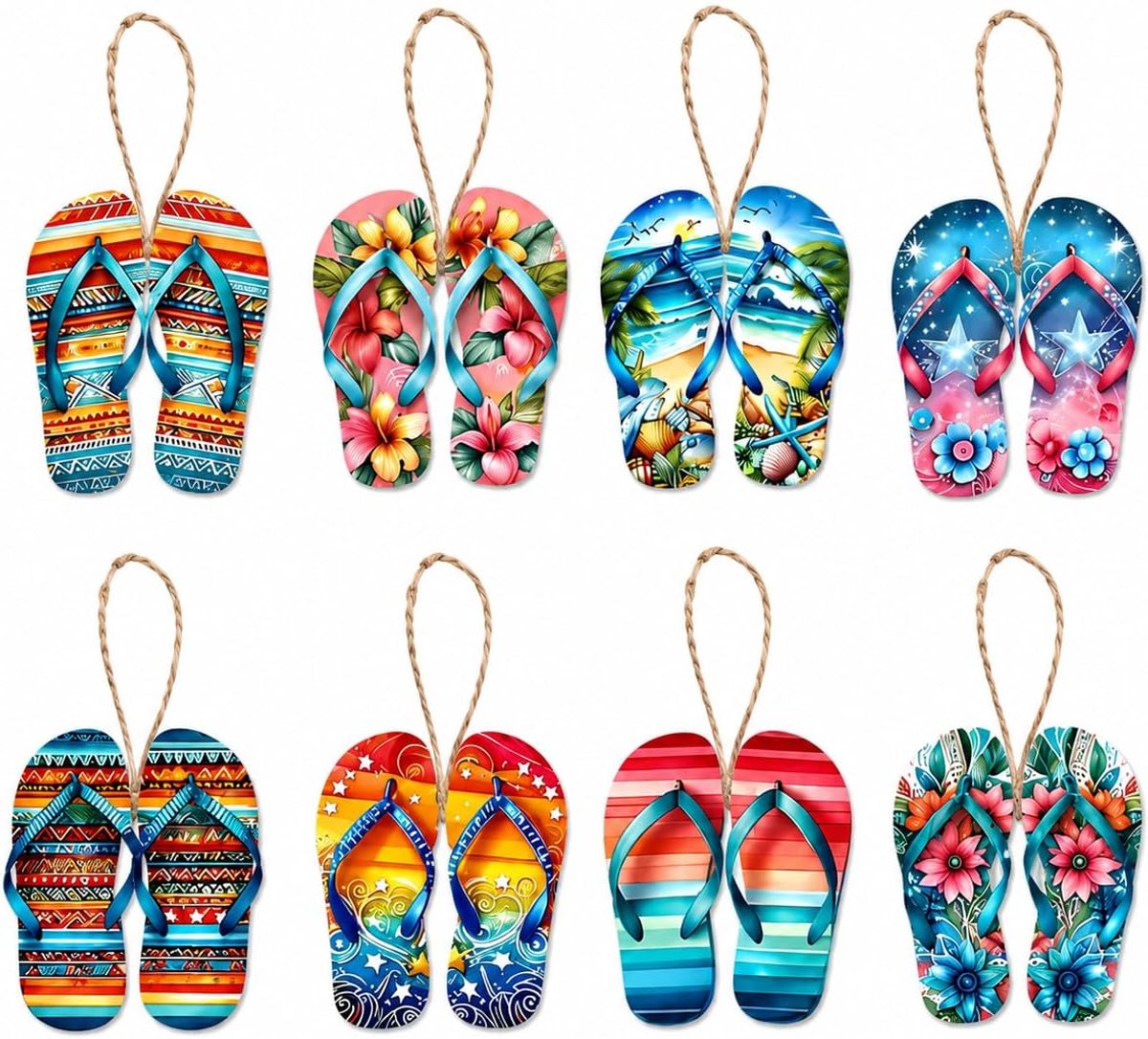 8 stuks kleurrijke houten slippers wanddecoratie, maritieme decoratie voor badkamer, zwembad, strandhuis of bar, elke schoen afzonderlijk kan worden opgehangen, voor zomerdecoratie, feest en