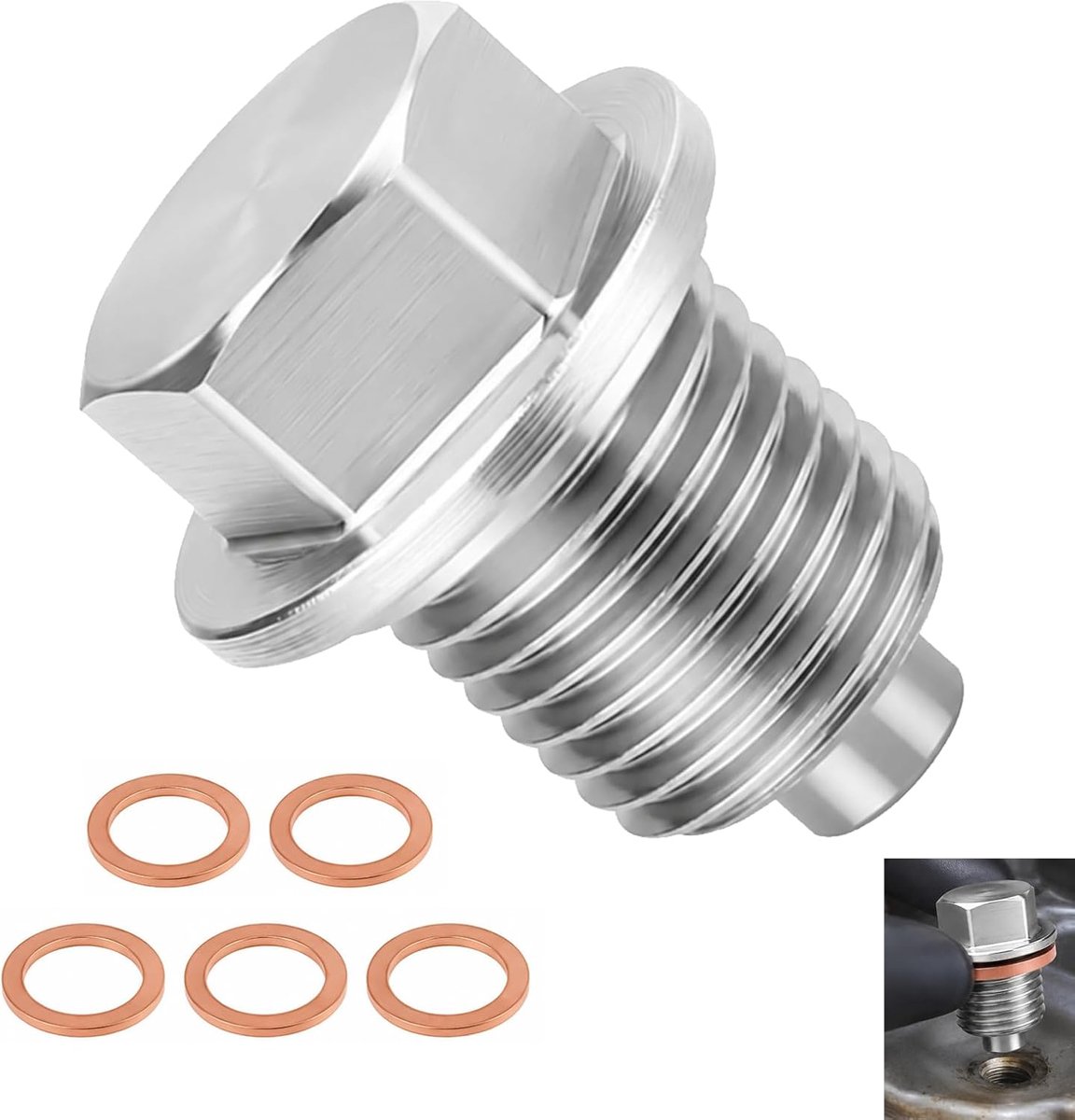 olieafvoerstop, M14 x 1,5, magnetische afvoermoer, motorbehuizing schroef met sterke magneet en 5 koperen sluitringen, voor auto, motorfiets, boot, onderhoud van de motor