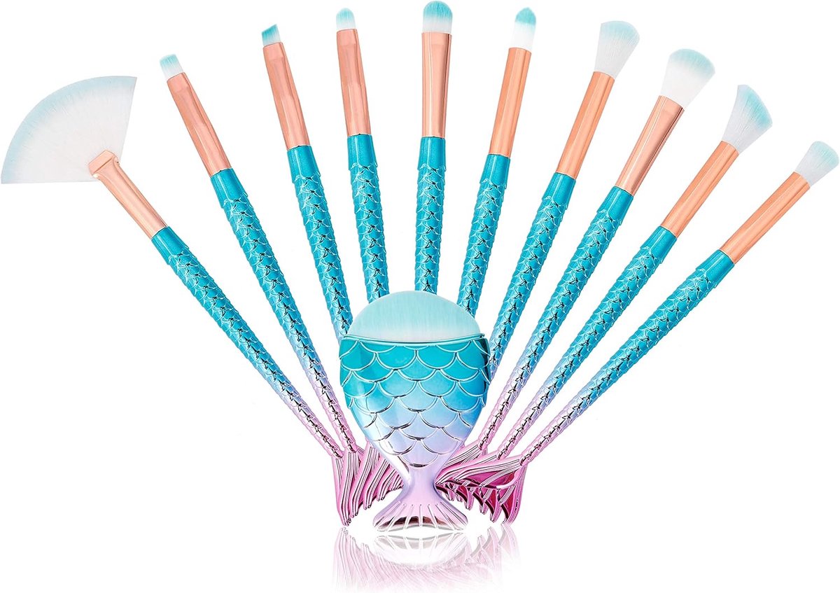 kwastenset, 3D, zeemeermin make-upkwasten, professionele cosmetica, make-upkwasten voor foundation, poedercrème, rouge, oogschaduw, wenkbrauwen, eyeliner, 11 stuks