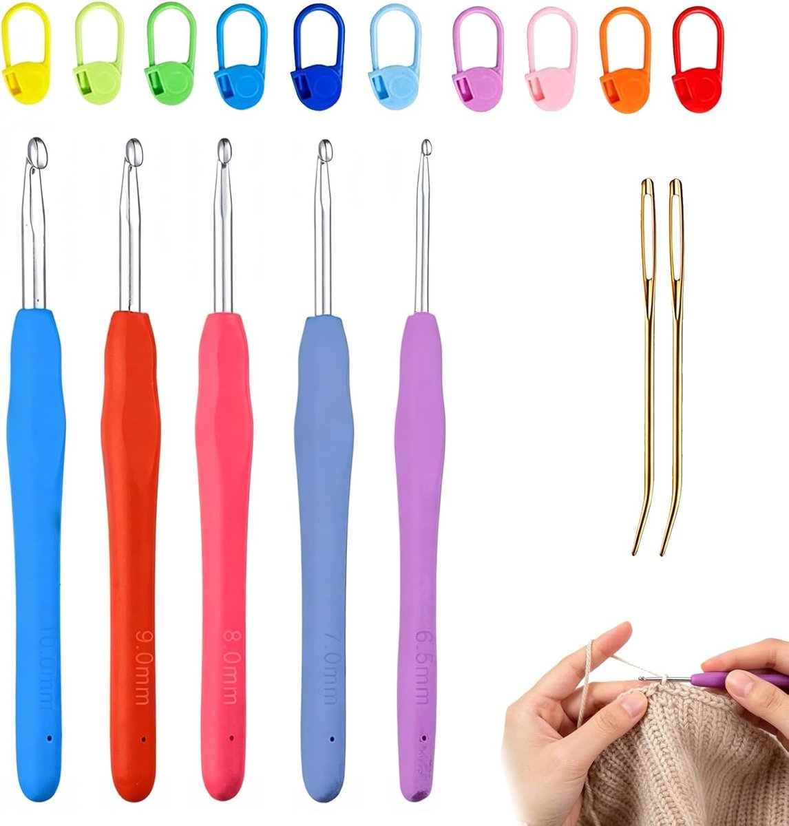 17 stuks grote breinaaken, 6,5 mm, 7 mm, 8 mm, 9 mm, 10 mm, met ergonomische rubberen handgrepen, naalden en maasmarkeringen, complete set voor beginners en breiliefhebbers