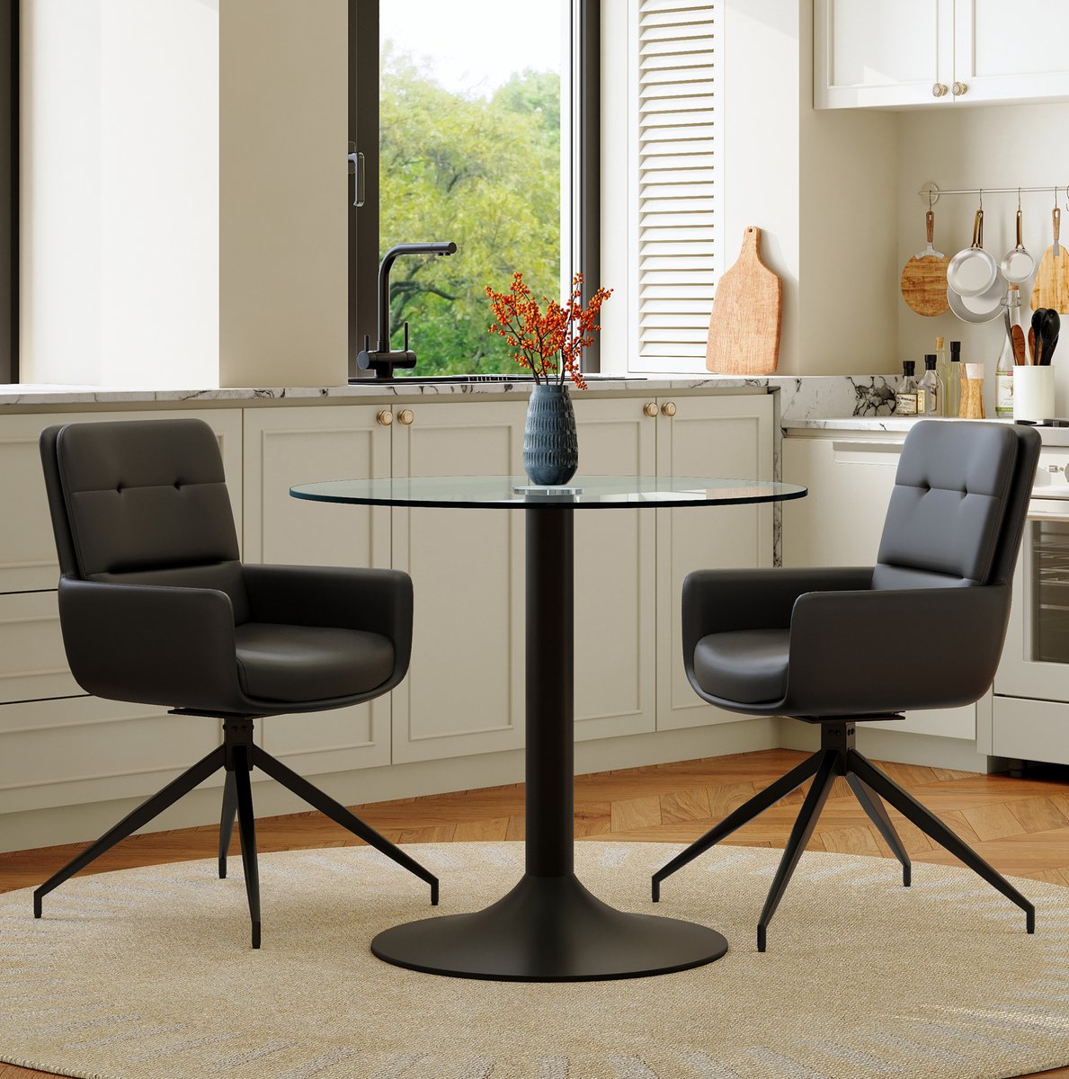 MODFU Set Tafel En Stoelen-Ronde Glazen Tafel-Zwart-2 Stoelen