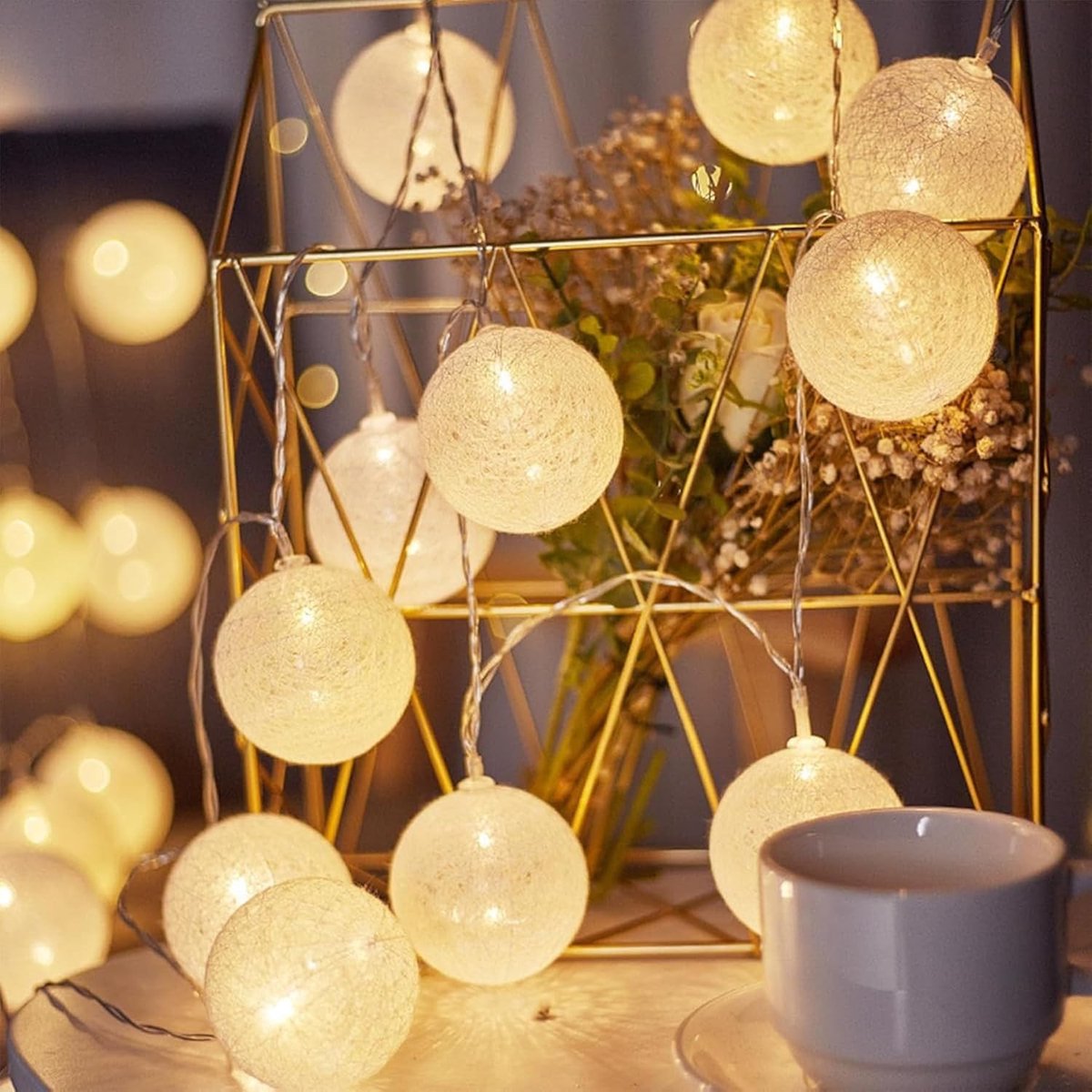Lichtsnoer - Katoenen Ballen Wit - 300 cm - LED Lichtketting met 20 Bollen - Voor Decoratie