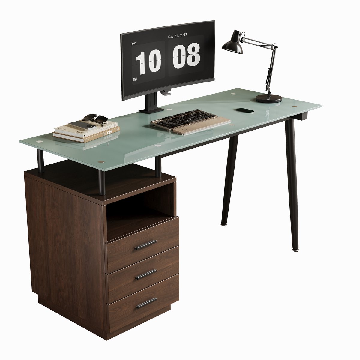 Bureau - Computertafel Met Melkglas Blad en Kast 130 cm - Donkerbruin