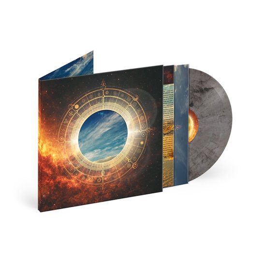 Hoes voor de Nickelback LP 'Everything Under The Sun' met een kosmisch, astrologisch ontwerp en een marmeren grijze vinylplaat.