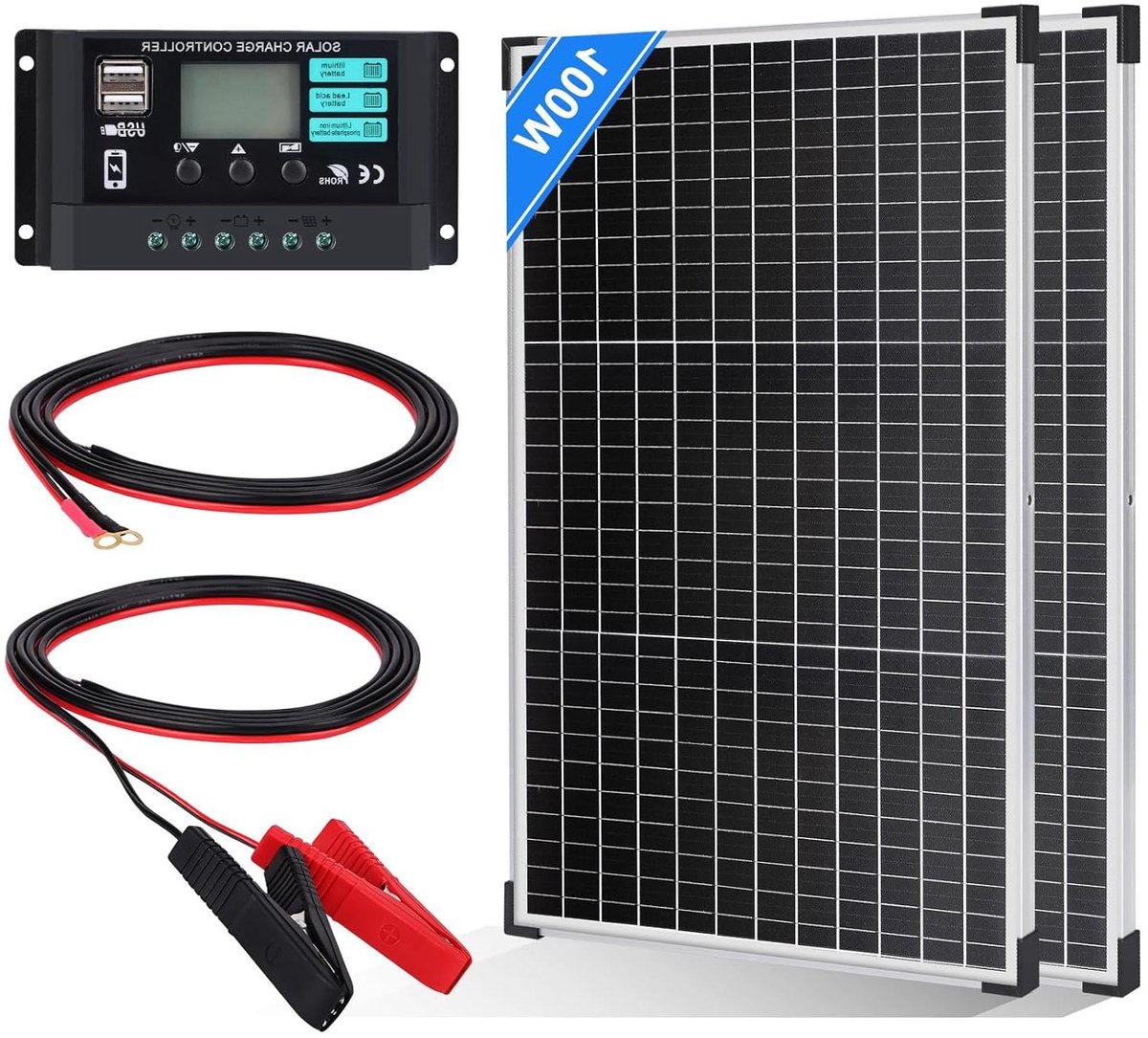 Zonnepaneel Kit - Zonne-energie set - Energie opwekken - Monokristallijn paneel - 100 Watt - Zwart