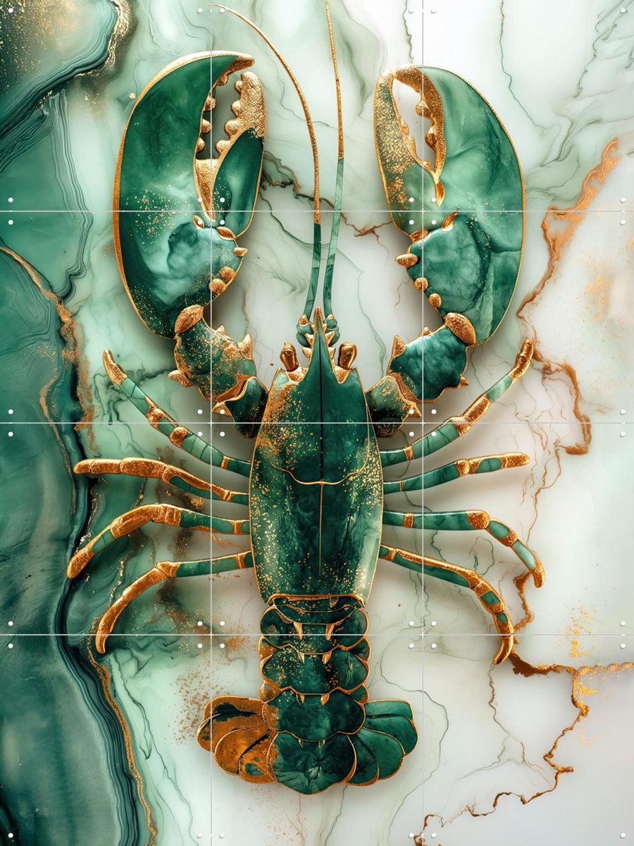 IXXI Lobster Marble Green, OTTI - 60 x 80 cm - Gratis ophangtool - Grote wanddecoratie en posters - Speels, Keuken, Woonkamer, Eetkamer, Zeevruchten