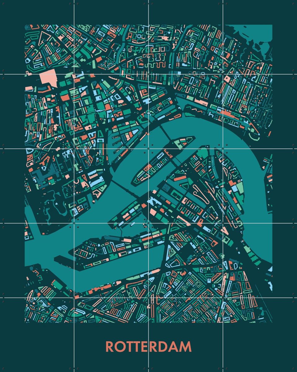 IXXI Rotterdam Mozaïek Teal, Kunst in Kaart - 80 x 100 cm - Gratis ophangtool - Grote wanddecoratie en posters - Geometrische Kunst, Modern