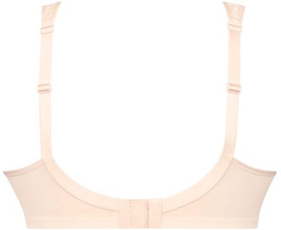 Deze beige beugel-loze BH is afgebeeld op een witte achtergrond. De BH heeft verstelbare bandjes en een sluiting aan de achterkant.