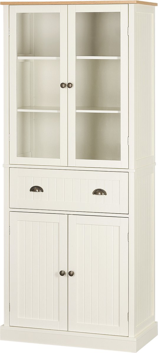 Keukenkast, hoog, hoge kast met 4 deuren (met 2 glazen deuren) en 2 laden en 1 lade, voor keuken eetkamer, kantelbeveiliging, hoogte 182,5 cm, voorzien van verstelbare legplanken - beige