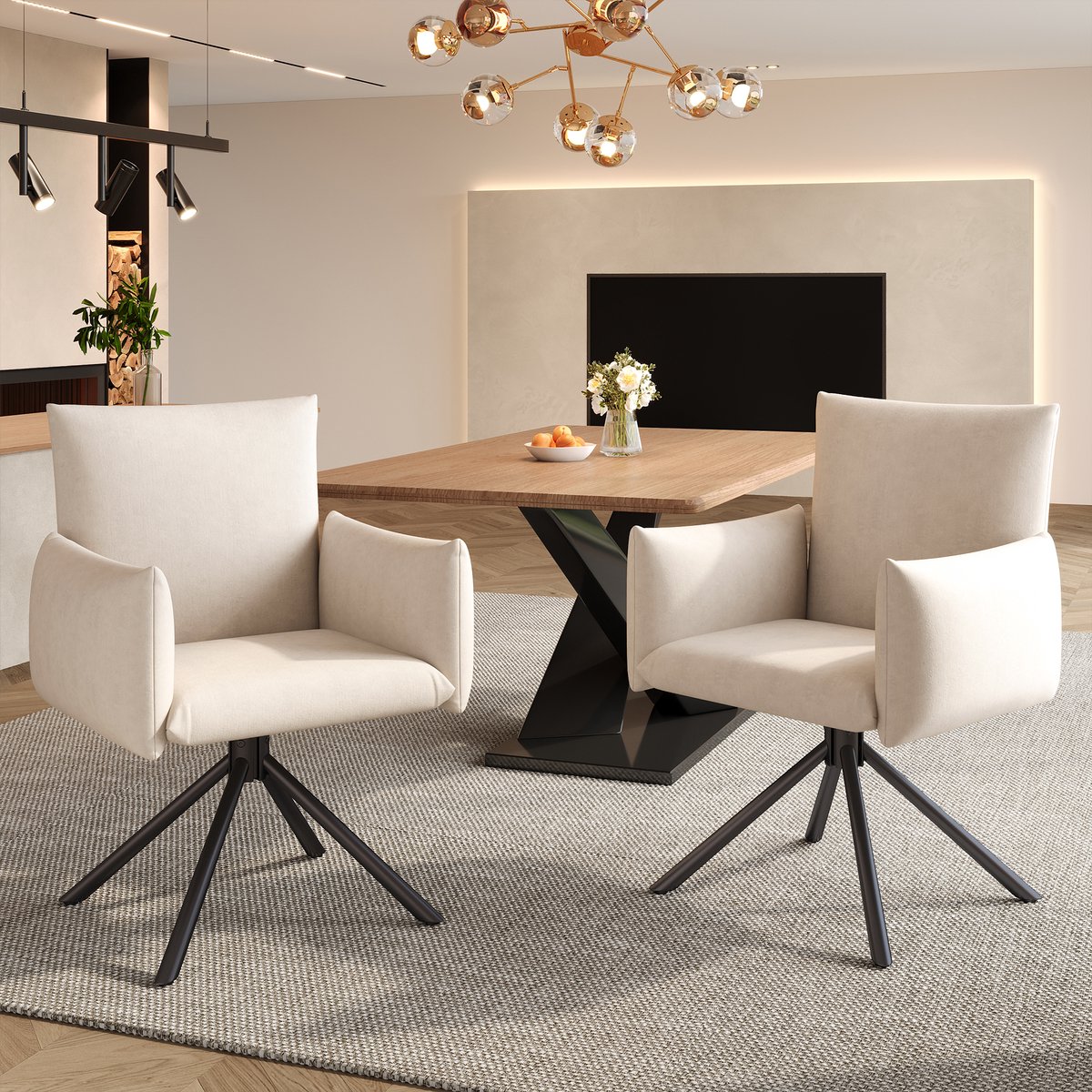 Eetkamerstoelen - Set van 2 - Eetkamerstoel - Velvet Eetkamerstoelen met Armleuningen - Gestoffeerde Eetkamerstoel - Moderne Stoel - Keukenstoel - Woonkamerstoel - Draaistoel 360° - Stoel met 4 Metalen Poten - Beige