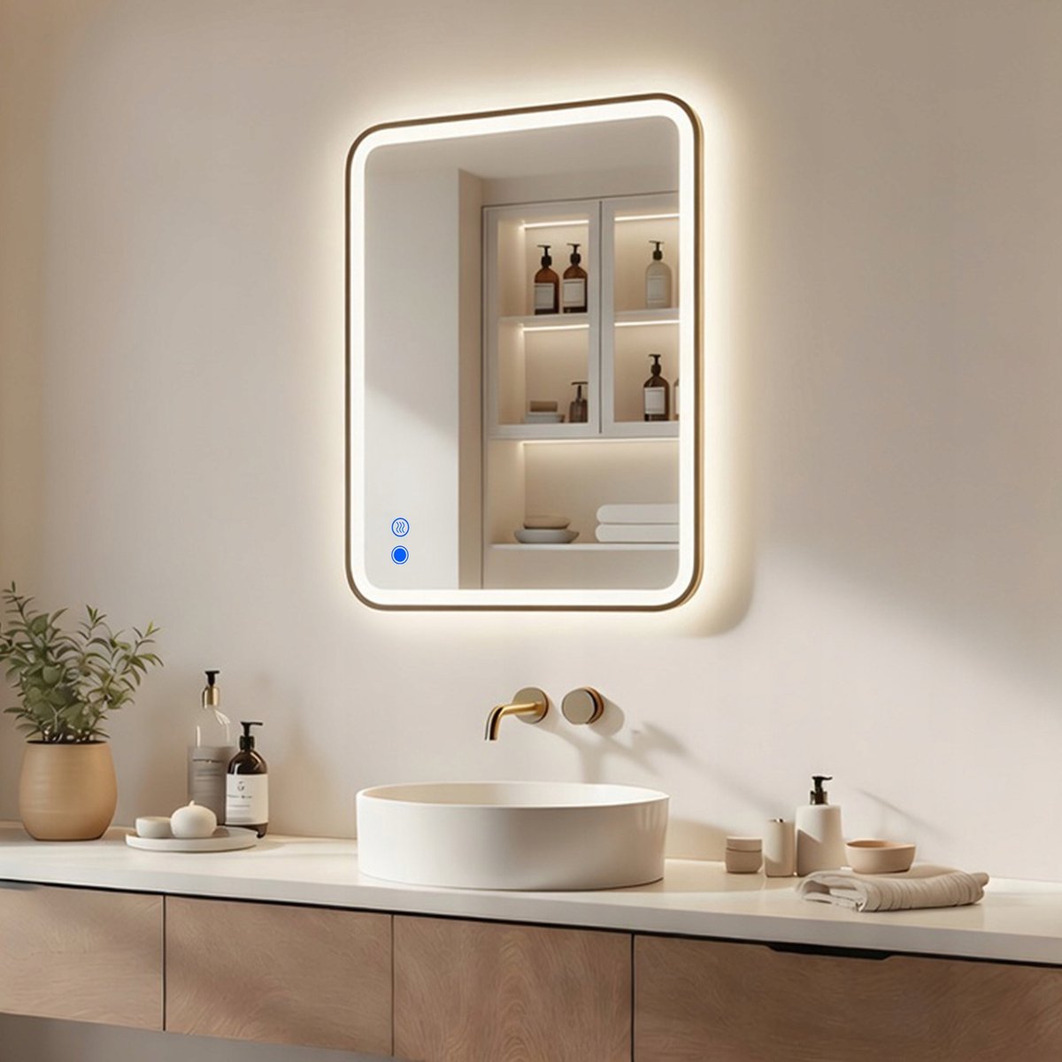 GLASMO Badkamerspiegel 80x60cm Geborsteld Goud LED IP44