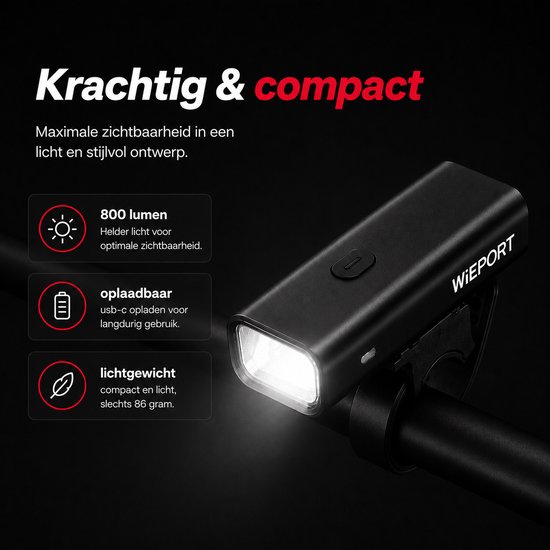 Wieport Fietsverlichting Voor en Achter - 800 Lumen LED Voorlamp & Achterlicht met Remsensor - Oplaadbaar — afbeelding 4