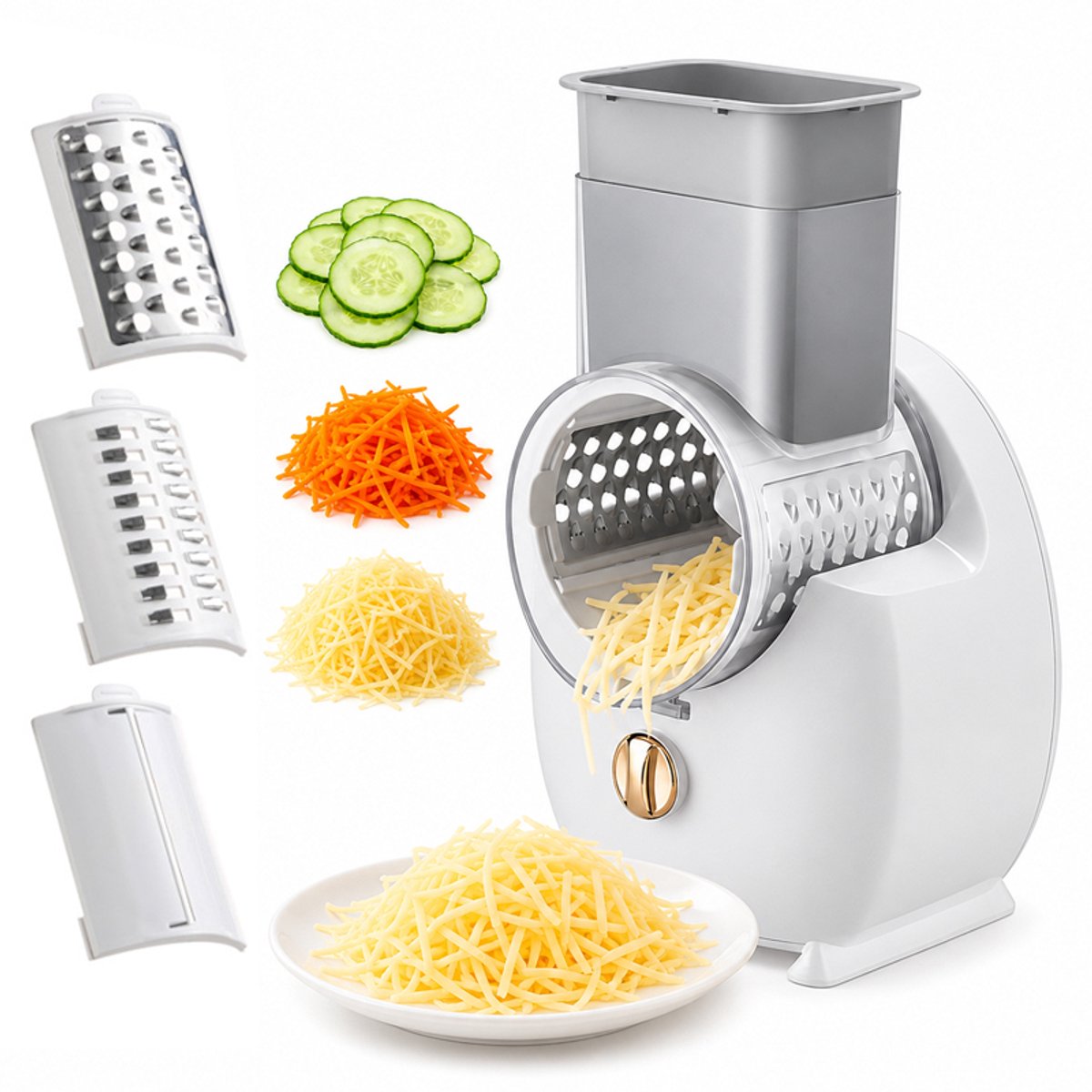 Bobypet - Elektrische kaasrasp - Roterende groenterasp 50 W - Met 3 verwisselbare messen - Voor kaas en groenten - Voor de thuiskeuken - 17 x 17 x 29 cm - Wit
